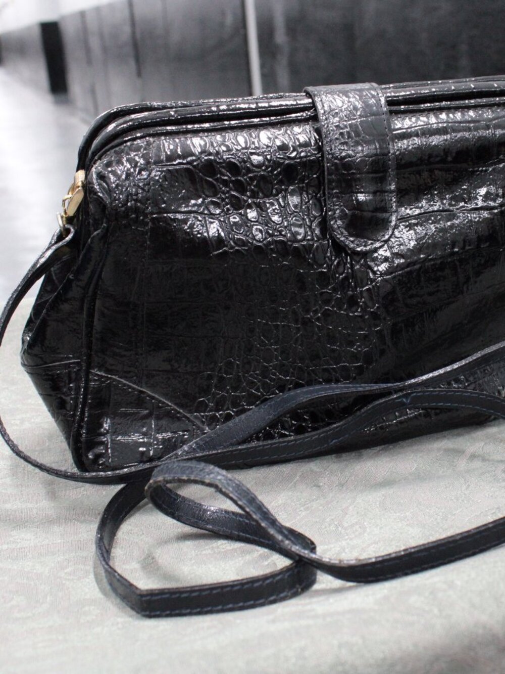 Vintage black patent croc-embossed leather doctor bag with removable strap